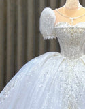 Sweetheart Neck Ball Gown Tulle Beaded Bridal Dress Modest Short Sleeve Wedding Dress HZ1024