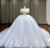 Sweetheart Neck Ball Gown Tulle Beaded Bridal Dress Modest Short Sleeve Wedding Dress HZ1024