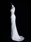 Sheath White Bateau Neck Satin Bridal Dress Modest Wedding Dress HZ1024