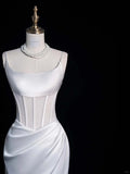 Sheath White Bateau Neck Satin Bridal Dress Modest Wedding Dress HZ1024