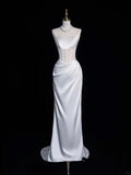 Sheath White Bateau Neck Satin Bridal Dress Modest Wedding Dress HZ1024