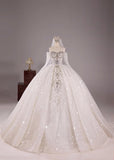 White Ball Gown Off-the-shoulder Bridal Gown Tulle Beading Long Sleeve Bridal Dress Modest Wedding Dress HZ1024