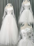 White Ball Gown Strapless Bridal Gown Tulle Satin Bridal Dress Modest Wedding Dress with Veil HZ1024