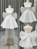 White Short Ball Gown Strapless Bridal Gown Satin Applique Bridal Dress Modest Wedding Dress HZ1024