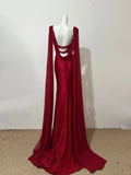 Sheath V-Neck Long Evening Dress Burgundy Backless Satin Prom Dress with Ribbon HZ1024