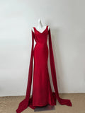 Sheath V-Neck Long Evening Dress Burgundy Backless Satin Prom Dress with Ribbon HZ1024
