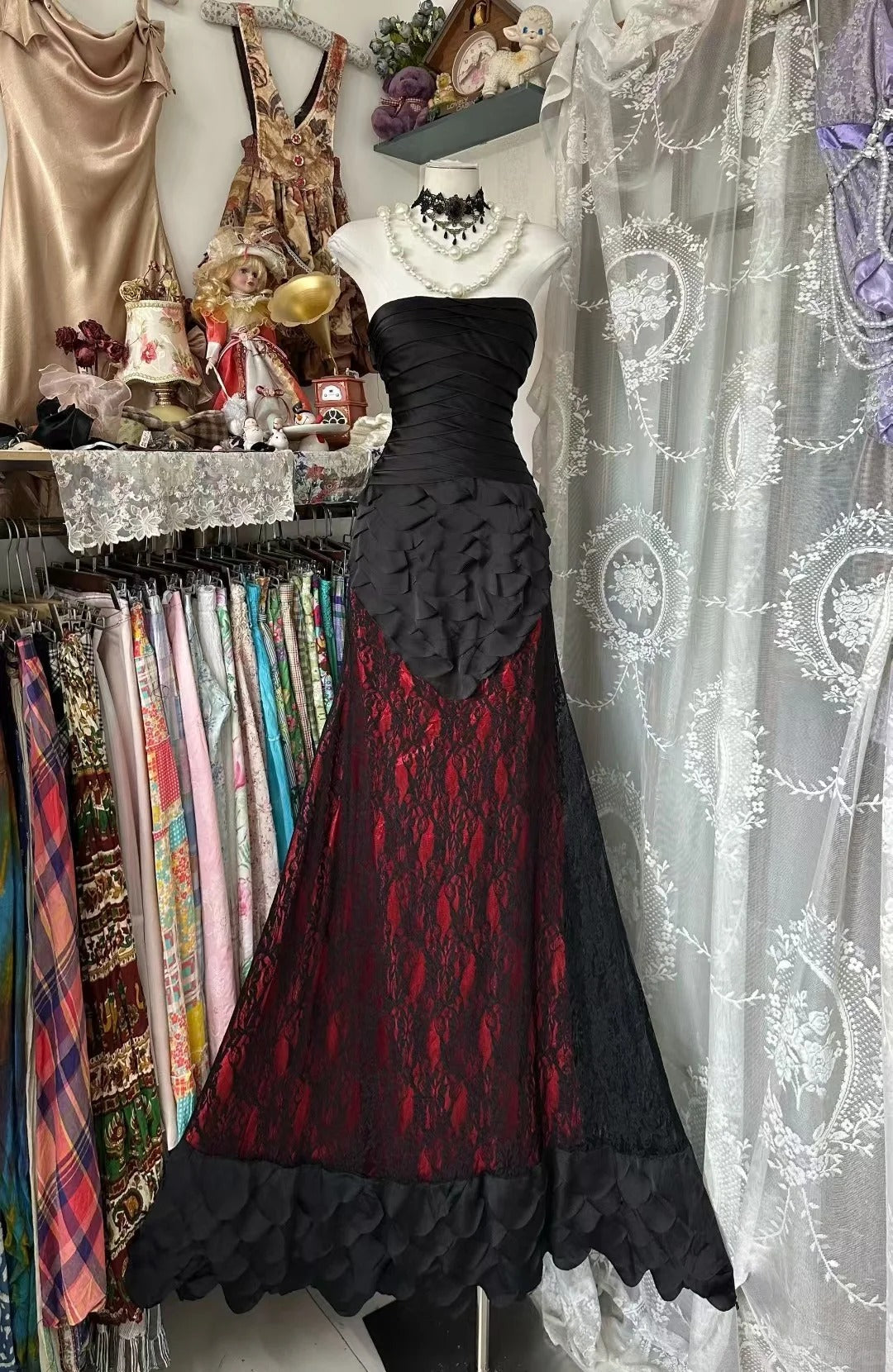 Strapless Sheath Long Evening Dresses Black Formal Dresses Lace Prom Dresses HZ1024