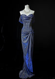Off-the-shoulder Sheath Long Evening Dress Navy Blue Glitter Formal Dress Elegant Prom Dress HZ1024