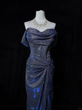 Off-the-shoulder Sheath Long Evening Dress Navy Blue Glitter Formal Dress Elegant Prom Dress HZ1024