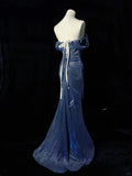 Off-the-shoulder Sheath Long Evening Dress Navy Blue Glitter Formal Dress Elegant Prom Dress HZ1024