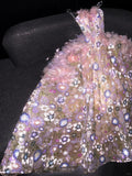 Strapless Ball Gown Quinceanera Dress Tulle Sequin Pink Evening Dress Applique Sweet 16 Dress HZ1024