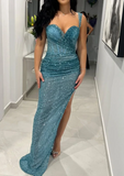 Sweetheart Neck Sheath Evening Dress Tulle Sequin Long Prom Dress Modest Turquoise Slit Guest Outfits HZ1024