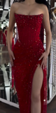 Strapless Sheath Silt Evening Dress Burgundy Modest Rhinestone Two-Piece Long Prom Dress HZ1024