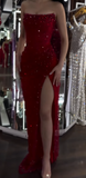 Strapless Sheath Silt Evening Dress Burgundy Modest Rhinestone Two-Piece Long Prom Dress HZ1024