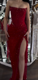 Strapless Sheath Silt Evening Dress Burgundy Modest Rhinestone Two-Piece Long Prom Dress HZ1024