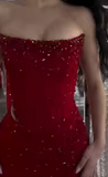 Strapless Sheath Silt Evening Dress Burgundy Modest Rhinestone Two-Piece Long Prom Dress HZ1024