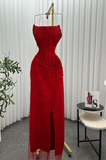 Strapless Sheath Silt Evening Dress Burgundy Modest Rhinestone Two-Piece Long Prom Dress HZ1024