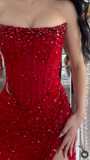 Strapless Sheath Silt Evening Dress Burgundy Modest Rhinestone Two-Piece Long Prom Dress HZ1024
