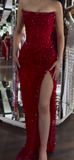 Strapless Sheath Silt Evening Dress Burgundy Modest Rhinestone Two-Piece Long Prom Dress HZ1024