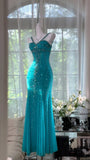 Halter Mermaid Evening Dress Turquoise Beaded Chiffon Formal Dress Modest Long Prom Dress HZ1024