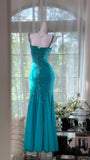 Halter Mermaid Evening Dress Turquoise Beaded Chiffon Formal Dress Modest Long Prom Dress HZ1024