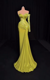Yellow Sheath Satin Formal Evening Gown Sweetheart Neck Modest Lace Long Prom Dress HZ1024