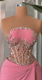 Sheath Strapless Long Prom Dress Modest Pink Beaded Satin Formal Evening Gown HZ1024