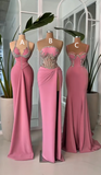 Sheath Strapless Long Prom Dress Modest Pink Beaded Satin Formal Evening Gown HZ1024