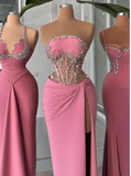 Sheath Strapless Long Prom Dress Modest Pink Beaded Satin Formal Evening Gown HZ1024