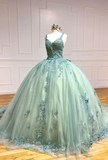 V-neck Ball Gown Green Applique Sequin Quinceanera Dress Tulle Long Prom Dress Sweet 16 Dress HZ1024