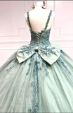 V-neck Ball Gown Green Applique Sequin Quinceanera Dress Tulle Long Prom Dress Sweet 16 Dress HZ1024