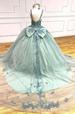 V-neck Ball Gown Green Applique Sequin Quinceanera Dress Tulle Long Prom Dress Sweet 16 Dress HZ1024
