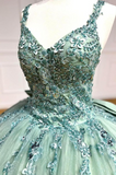 V-neck Ball Gown Green Applique Sequin Quinceanera Dress Tulle Long Prom Dress Sweet 16 Dress HZ1024