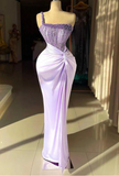 One Shoulder Sheath Satin Formal Evening Dress Purple Beaded Long Prom Dress HZ1024