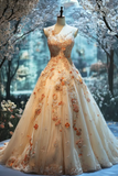 V-neck A-Line Tulle Formal Evening Dress 3D Applique Tulle Long Prom Dress Sweet Quinceanera Dress HZ1024
