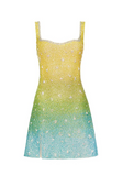 Yellow/Turquoise Sheath Spaghetti Straps Short Formal Dress Elegant Beaded Birthday Outfit Homecoming Dress HZ1024