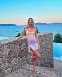 Yellow/Turquoise Sheath Spaghetti Straps Short Formal Dress Elegant Beaded Birthday Outfit Homecoming Dress HZ1024