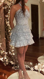 Gray Blue Halter Ball Gown Short Formal Dress Sweet Applique Birthday Outfits Homecoming Dress HZ1024