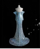 Ice Blue Mermaid Off-the-Shoulder Evening Dress Elegant Tulle Sequined Long Prom Dress with Long Sleeves HZ1024