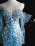 Ice Blue Mermaid Off-the-Shoulder Evening Dress Elegant Tulle Sequined Long Prom Dress with Long Sleeves HZ1024