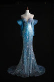 Ice Blue Mermaid Off-the-Shoulder Evening Dress Elegant Tulle Sequined Long Prom Dress with Long Sleeves HZ1024