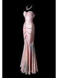 Pink Mermaid Sweetheart Neck Evening Dress Modest Satin Sequin Formal Dress Long Prom Dress HZ1024