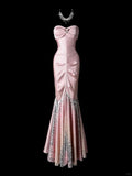 Pink Mermaid Sweetheart Neck Evening Dress Modest Satin Sequin Formal Dress Long Prom Dress HZ1024