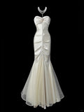 Mermaid Sweetheart Neck Evening Dress Modest Light Champagne Satin Tulle Formal Dress Long Prom Dress HZ1024