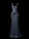 Mermaid Sweetheart Neck Evening Dress Modest Dark Gray Satin Long Birthday Prom Dress Formal Dress HZ1024