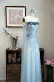 Strapless Sheath Applique Evening Dress Blue Tulle Beaded Formal Dress Sweet Birthday Dress HZ1024