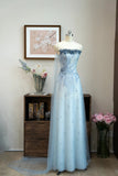 Strapless Sheath Applique Evening Dress Blue Tulle Beaded Formal Dress Sweet Birthday Dress HZ1024
