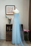 Strapless Sheath Applique Evening Dress Blue Tulle Beaded Formal Dress Sweet Birthday Dress HZ1024