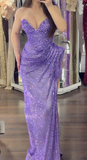 Sweetheart Neck Sheath Evening Dress Purple Glitter Net Formal Dress Modest Long Prom Dress HZ1024