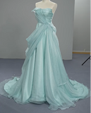 Strapless A-Line Evening Dress Tiffany Blue Chiffon Formal Dress Modest Long Prom Dress HZ1024